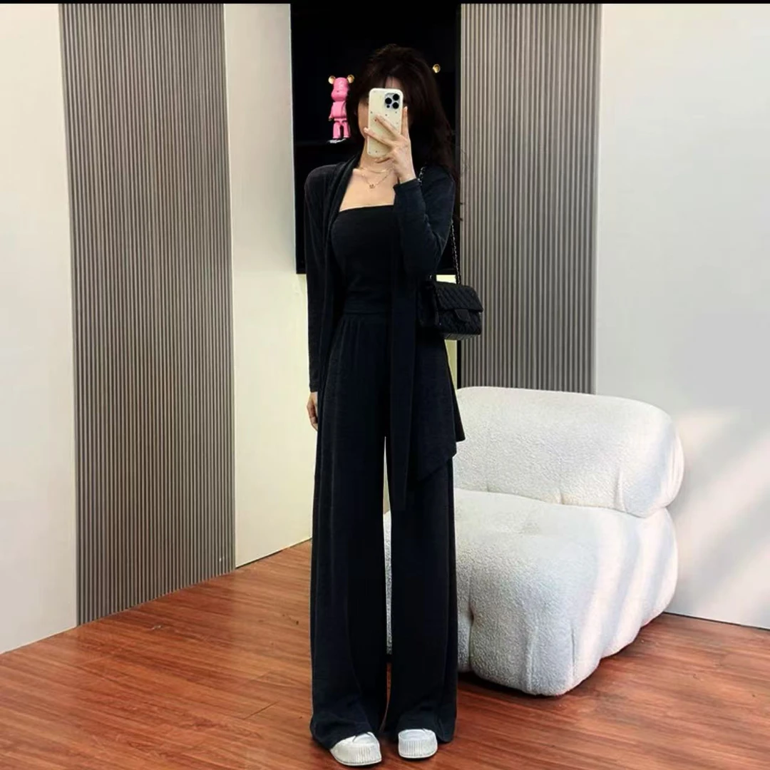 7817-吊带开衫阔腿裤休闲三件套（黑色）