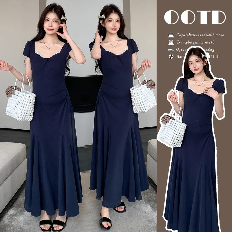 2025夏季时尚气质孕妇装法式方领拼接蕾丝边大裙摆连衣裙赫本风