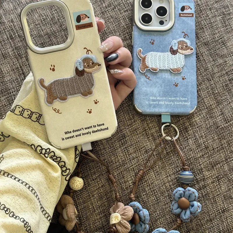 新款ins牛仔刺绣音乐狗适用iPhone16苹果17ProMax手机壳14/15情侣