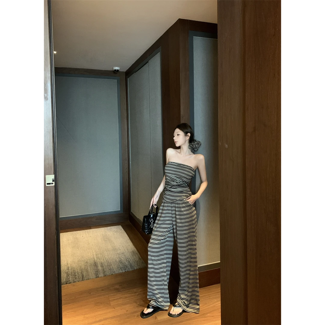 爆款抹胸套装两件套女装不规则抹胸套装条纹一整套搭配时尚阔腿裤