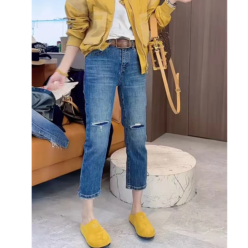 假破洞弹力直筒牛仔裤女2025夏季薄款大码女装高腰显瘦九分烟管裤