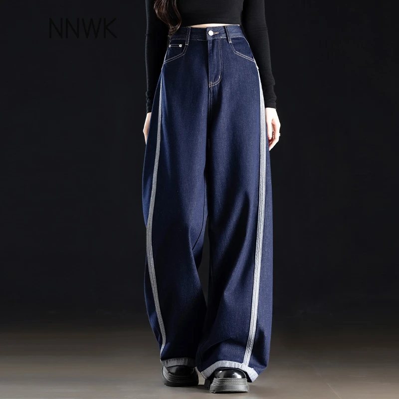 深色丹宁蓝牛仔裤女2025新款高腰女款裤子春季秋直筒裤宽松阔腿裤
