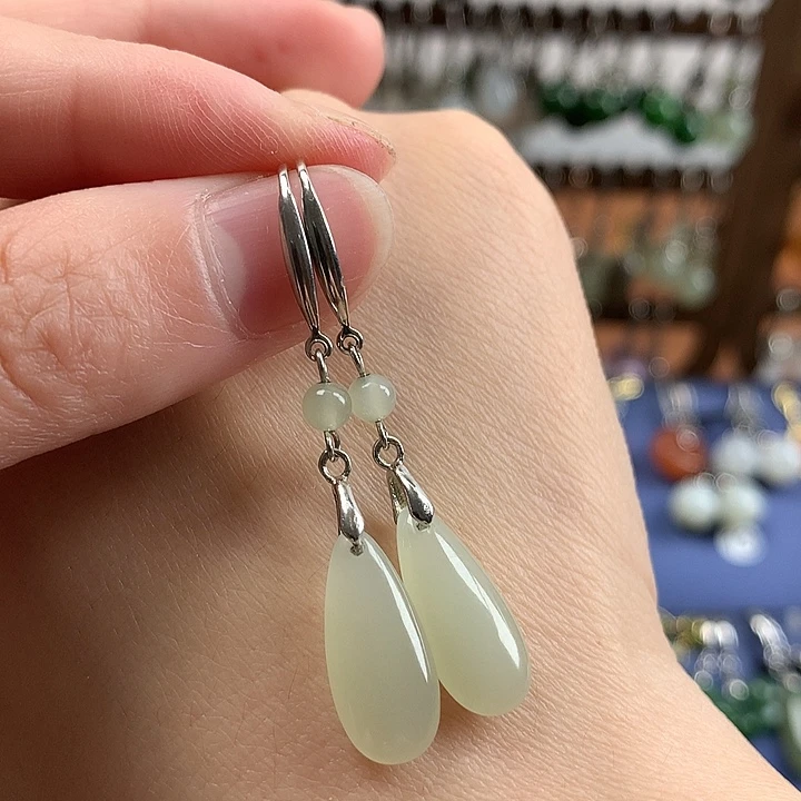 银S925镶嵌和田玉耳饰水滴晴水