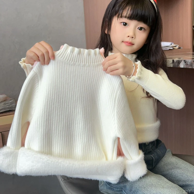 高品质一体绒内搭女童毛衣洋气半高领宝宝女童毛衣加绒冬季打底