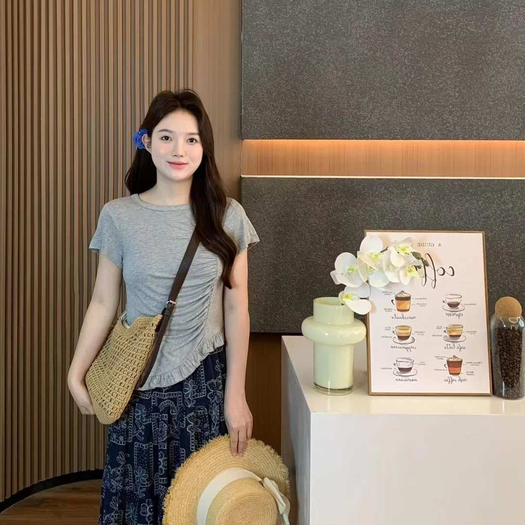 小羽酱小个子定制夏季韩系甜美下摆不规则荷叶边褶皱圆领短袖T恤