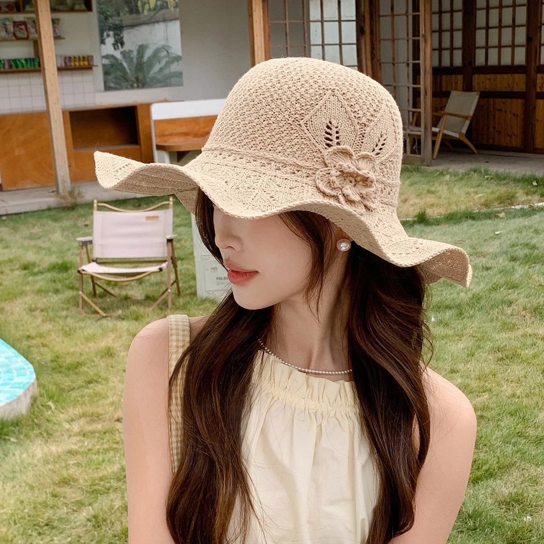 新款春夏针织帽女波浪大檐沙滩帽遮阳户外渔夫帽聚酯纤维