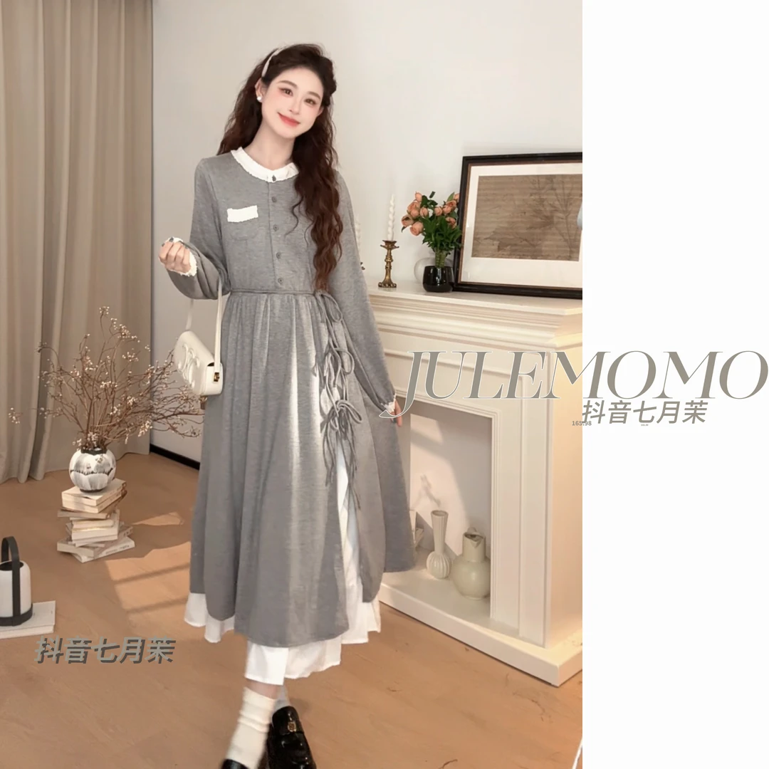 复古法式灰色连衣裙秋冬设计感温柔风甜美拼接长裙