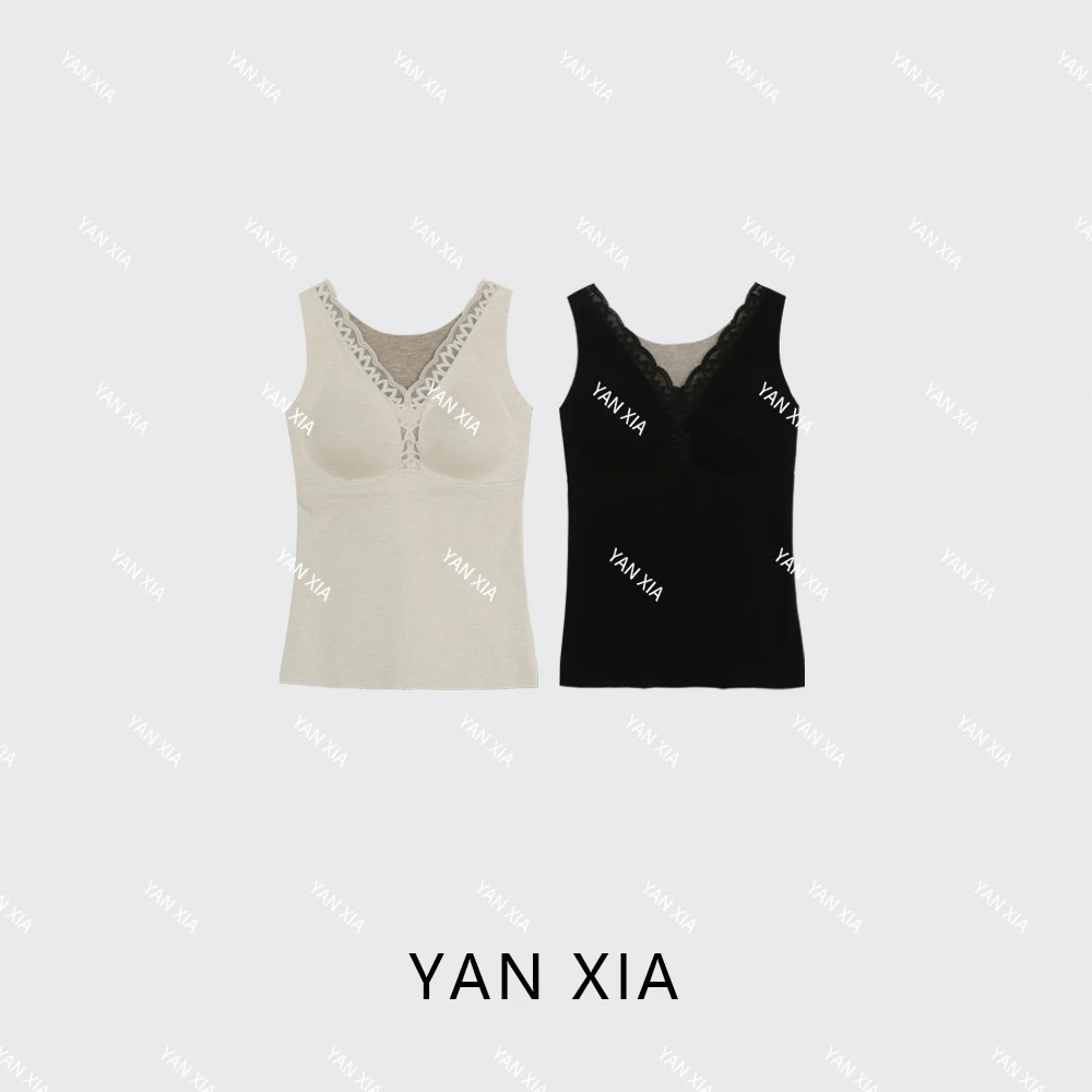 无痕蕾丝V领打底衣宽肩一体式背心带胸垫 H4022