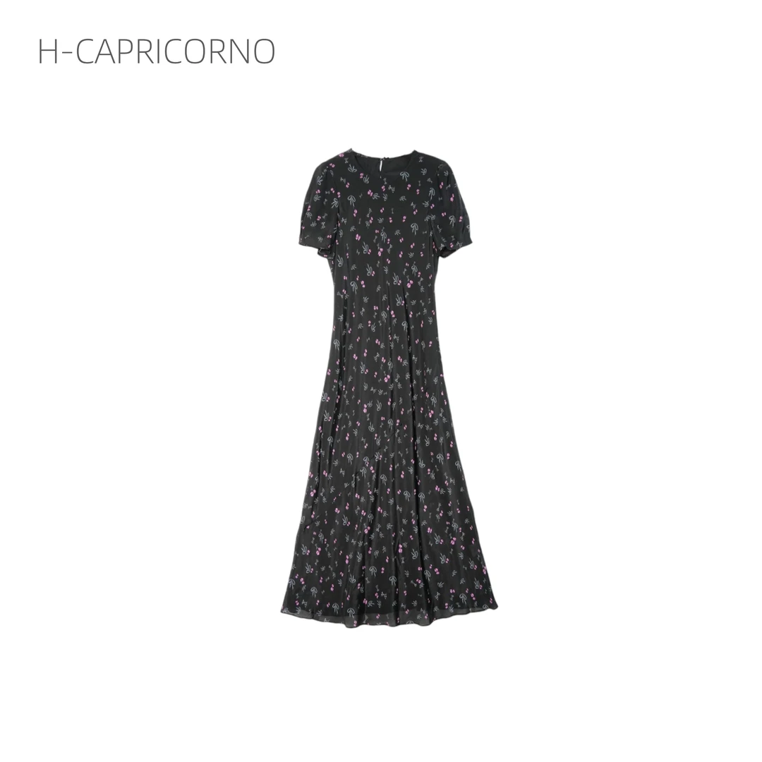 H-CAPRICORNO气质优雅圆领红蝴蝶结印花长裙亲肤桑蚕丝连衣裙