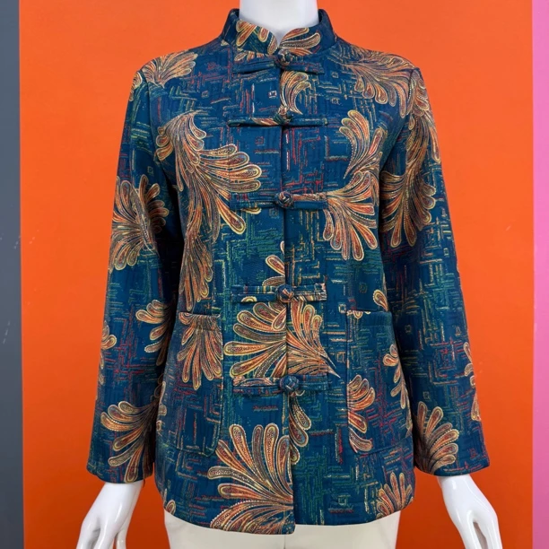 复古盘扣长袖加绒中式印花中老年女士开衫时尚显瘦上衣