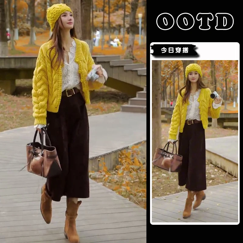 超火秋季穿搭一整套2025新款韩版复古针织毛衣灯芯绒阔腿裤两件套