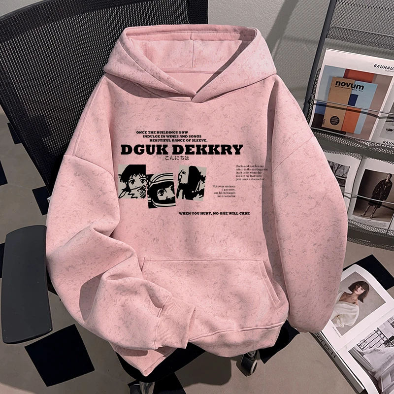 Dekkry潮流复古人物字母印花秋冬蜡染连帽卫衣男女款套头加绒上衣