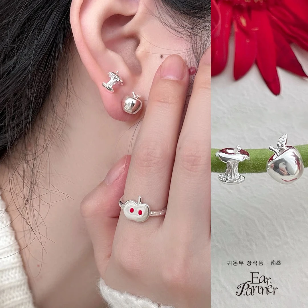 铜合金耳饰 925银针不对称苹果核耳钉女小众高级感耳骨钉冷淡耳环