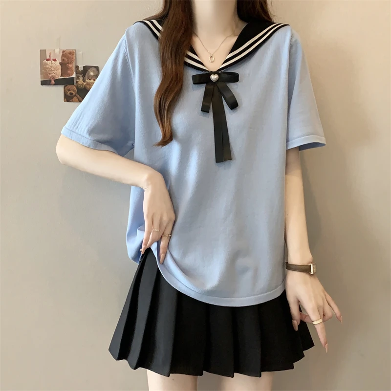 3414微胖大码夏季胖妹妹蝴蝶结女蓝色减龄针织t恤海军领胖mm上衣