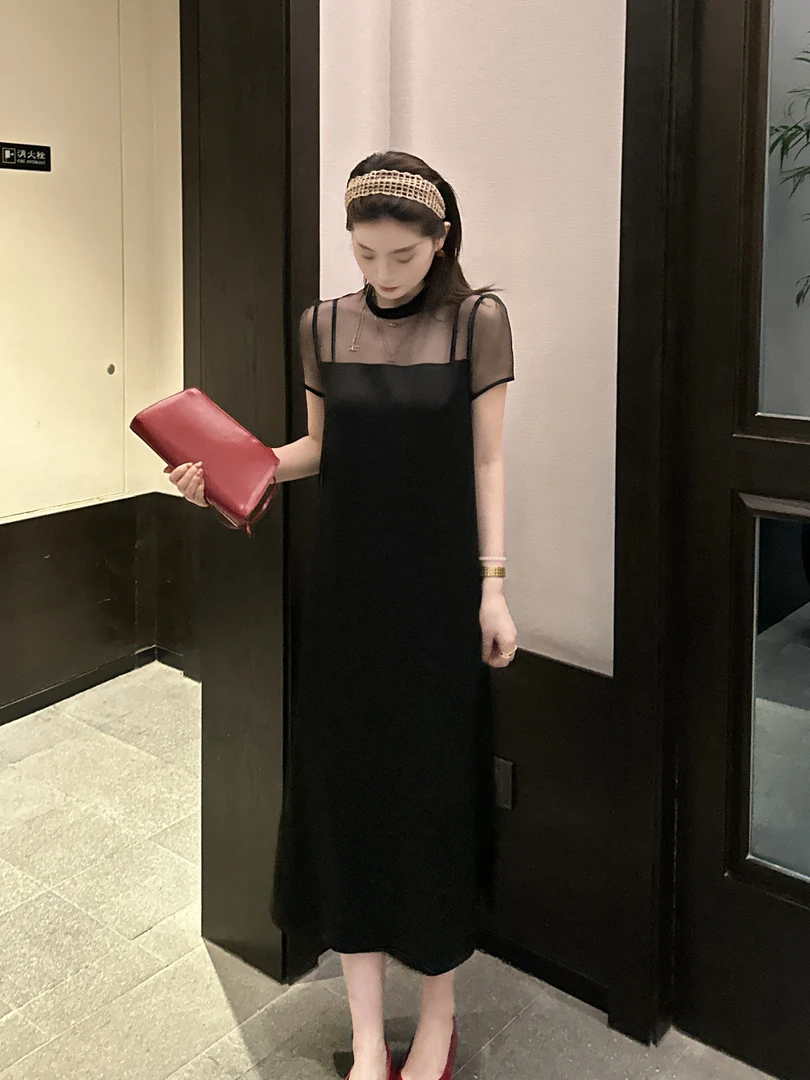 LUOZHIYIN/罗知音D113084F拼接镂空纱纱连衣裙薄款直筒裙子