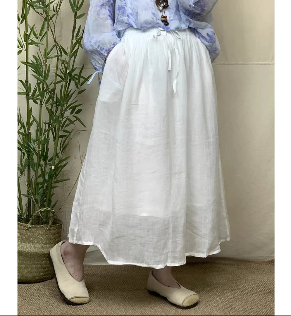 2025年夏季新款文艺复古苎麻半身裙女松紧腰宽松显瘦百搭裙子9912