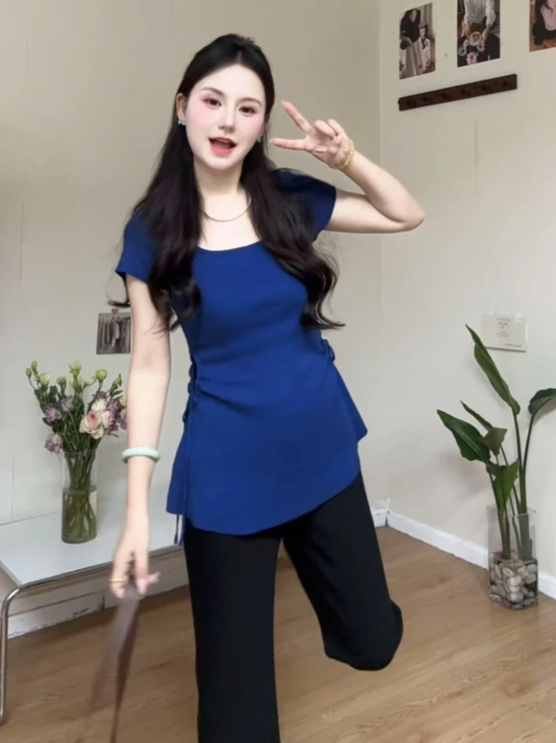 【设计感方领针织杉】显瘦显白上衣女夏季百搭短袖针织杉休闲25073