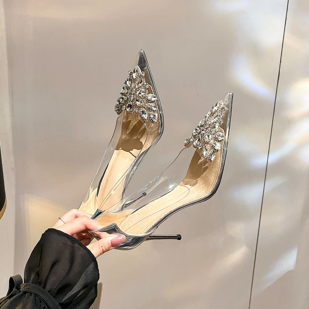 高跟鞋女2025年春夏新款细跟透明水钻法式气质单鞋子尖头浅口婚鞋