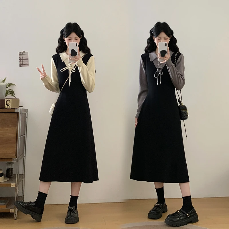 大码女装胖mm秋冬撞色假两件针织连衣裙收腰显瘦减龄毛衣裙子