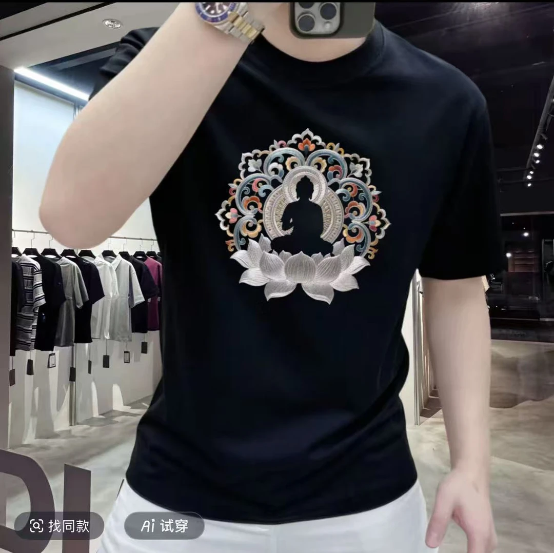 2025潮款夏季新款时尚潮流男士百搭高端弹力修身圆领短袖体恤