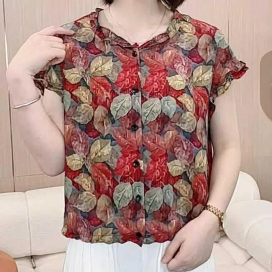 024#夏季时尚洋气新款简约花边领印花气质休闲百搭短袖(无抽绳版）