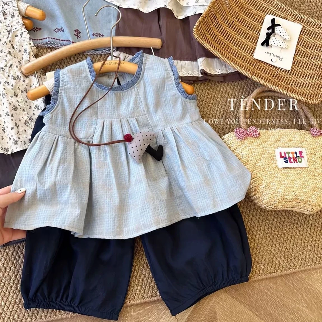 韩国童装女童套装2025夏季新款女宝宝花边无袖背心洋气蓝色阔腿裤