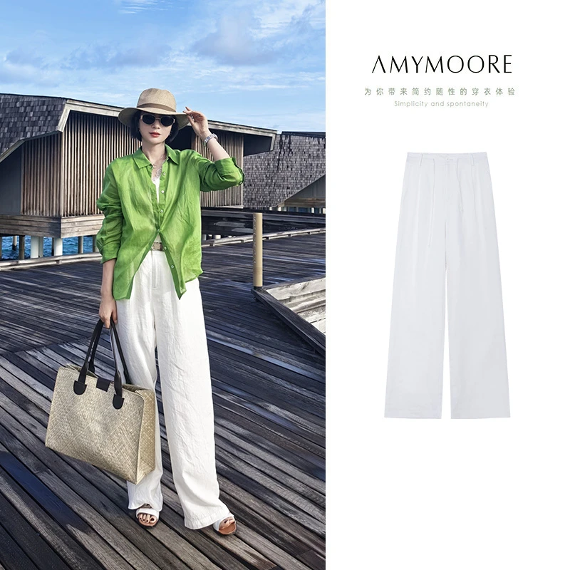 AMYMOORE艾莫尔女装夏季薄款裤子休闲裤亚麻阔裤中高腰白色182063