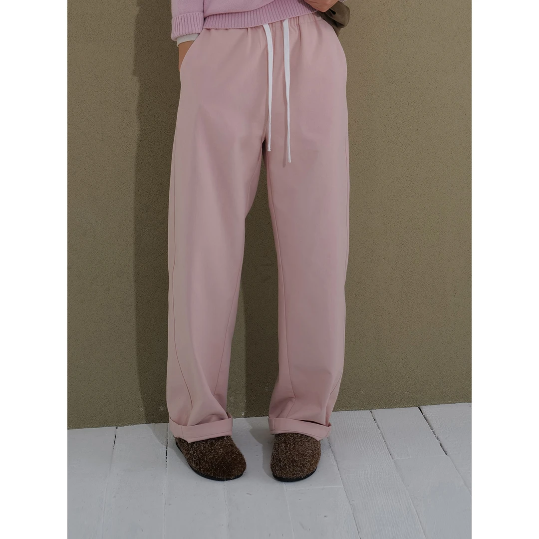 筋骨全棉+内里磨毛 粉色女士松紧腰微镰刀型抽绳休闲裤长裤203500