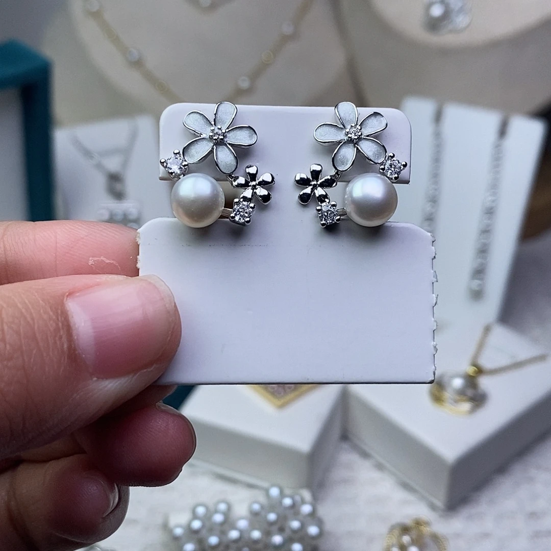 银S925镶嵌耳饰淡水珍珠
