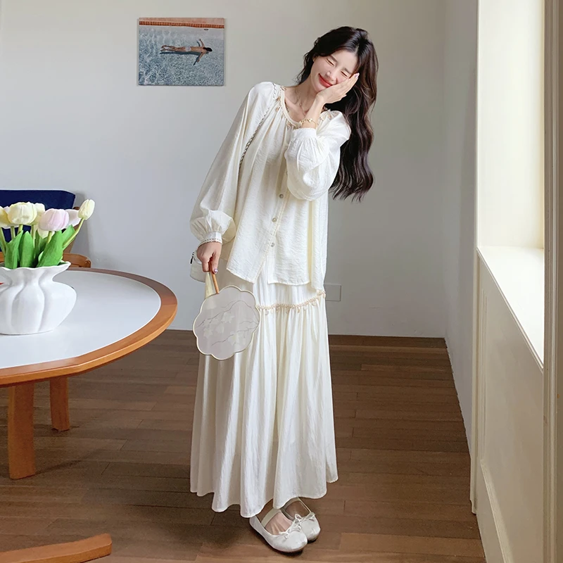 开春一整套ootd穿搭米白色雪纺衫半身裙两件套2025新款休闲套装女