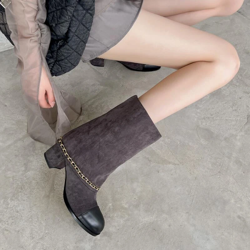 纯手工复古小香风粗跟短靴裤管靴女早秋时尚金属炼 链 拼色中筒单