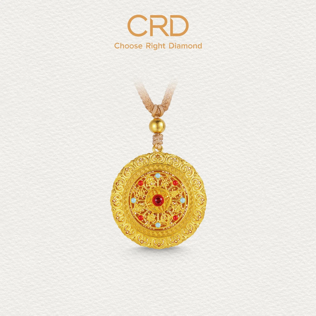 CRD克徕帝八宝罗盘足金吊坠复古罗盘鎏彩足金女款送礼三金五金