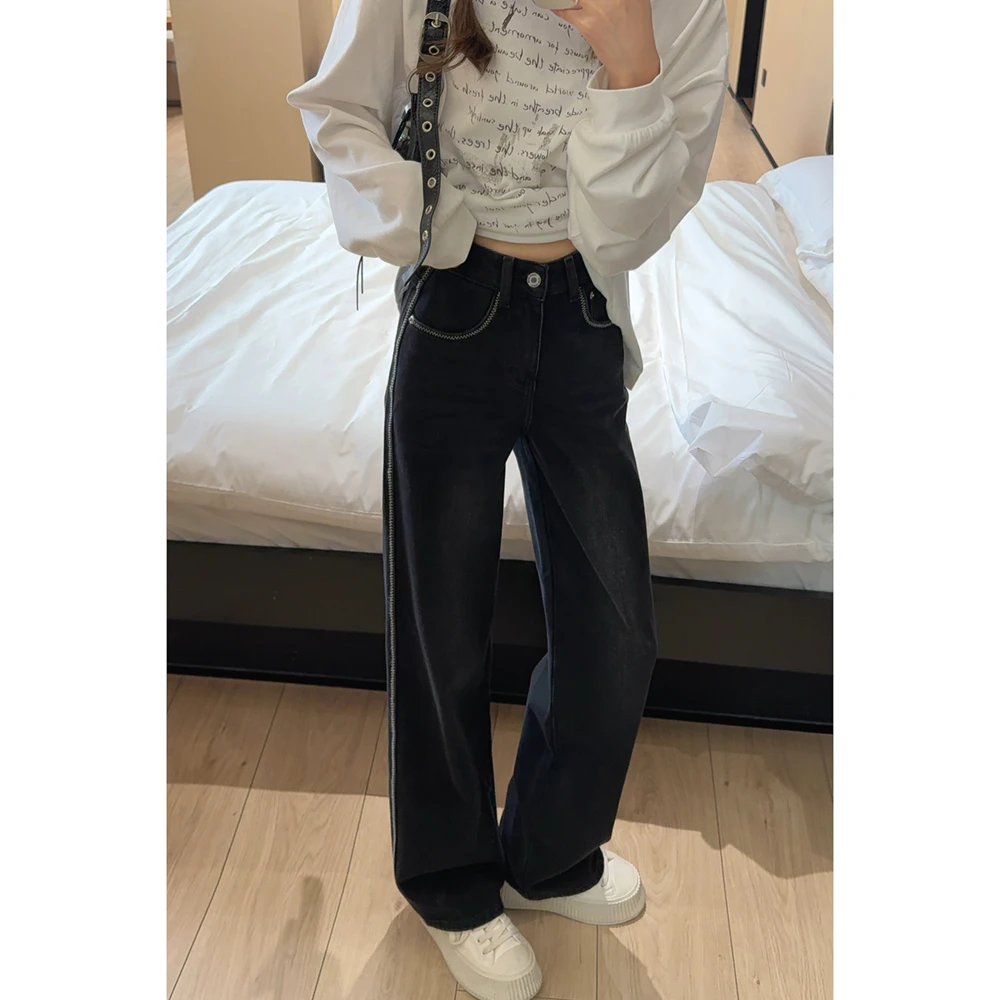 黑灰色牛仔阔腿裤女高腰宽松百搭显瘦垂感拖地裤女装89136