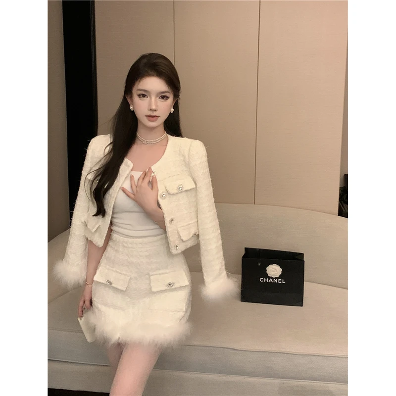 2025新款小香风秋冬季套装毛毛高级感外套女装高腰呢子短裙两件套