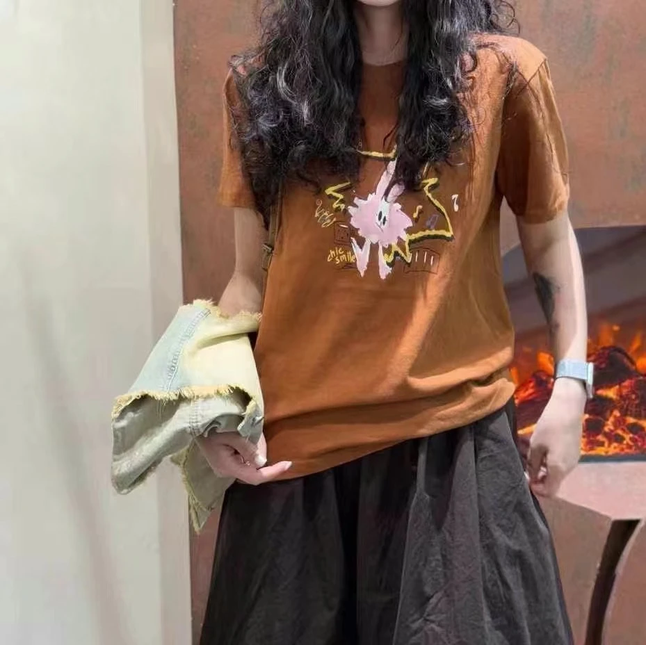 冰糖露露子2025夏季新款设计感趣味涂鸦印花短袖t恤上衣女