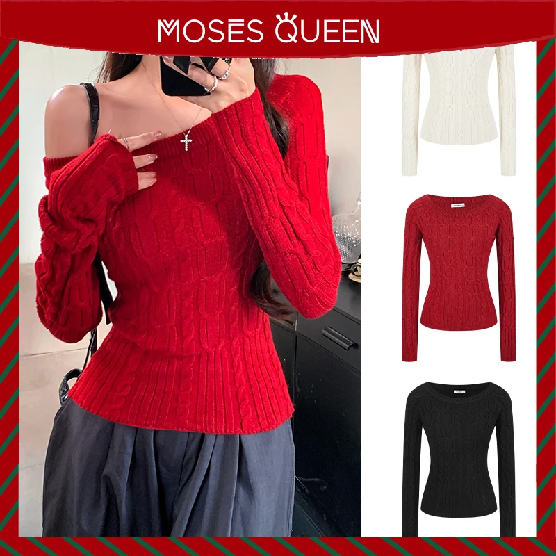 Moses Queen/魔西女王辣妹红色斜肩针织衫女复古麻花露肩打底毛衣