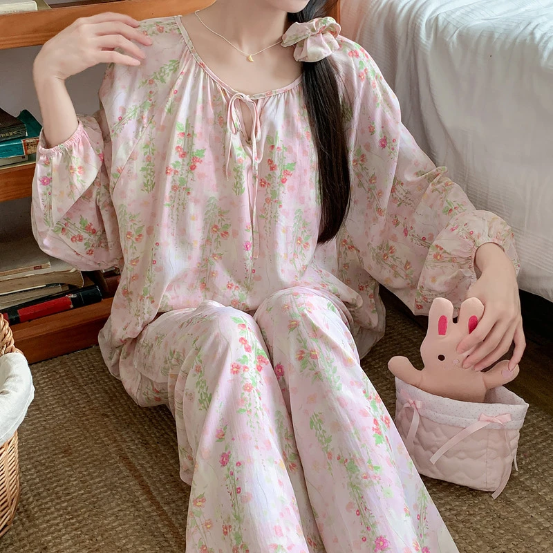 带胸垫棉绸睡衣女春秋夏长袖薄绵绸家居服人造棉套装大码外穿超火