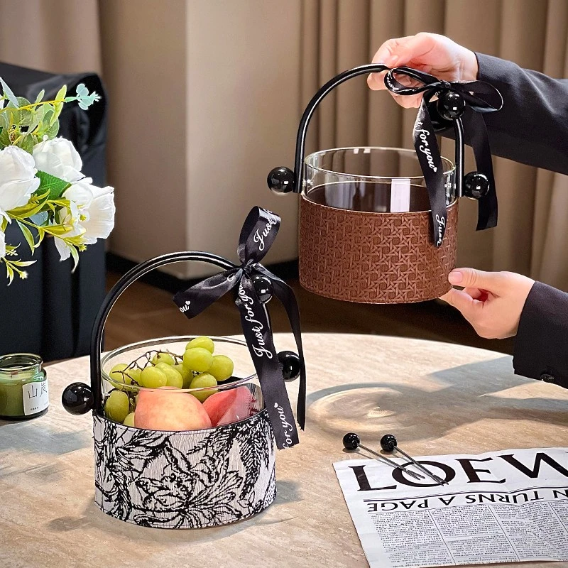 尊慕斯中古风玻璃水果盘家用客厅2025新款高端精致桌面带提手果篮