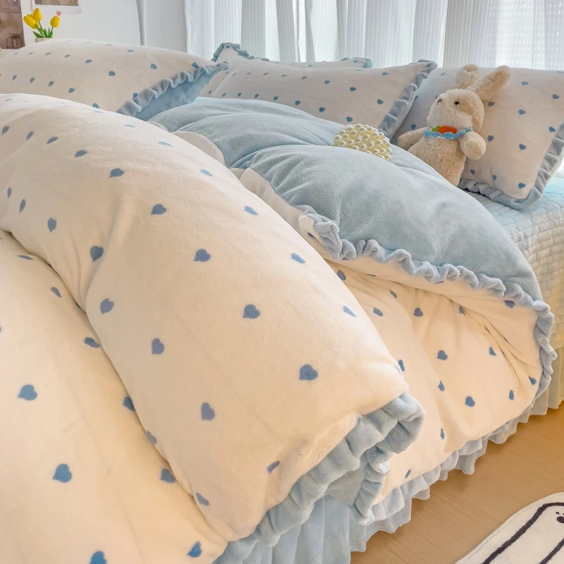 花边小清新印花牛奶绒三件套学生宿舍床品套件卧室被罩床单四件套