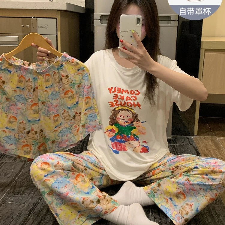 带胸垫三件套睡衣女夏季薄款莫代尔水彩画短袖长裤2025新款家居服