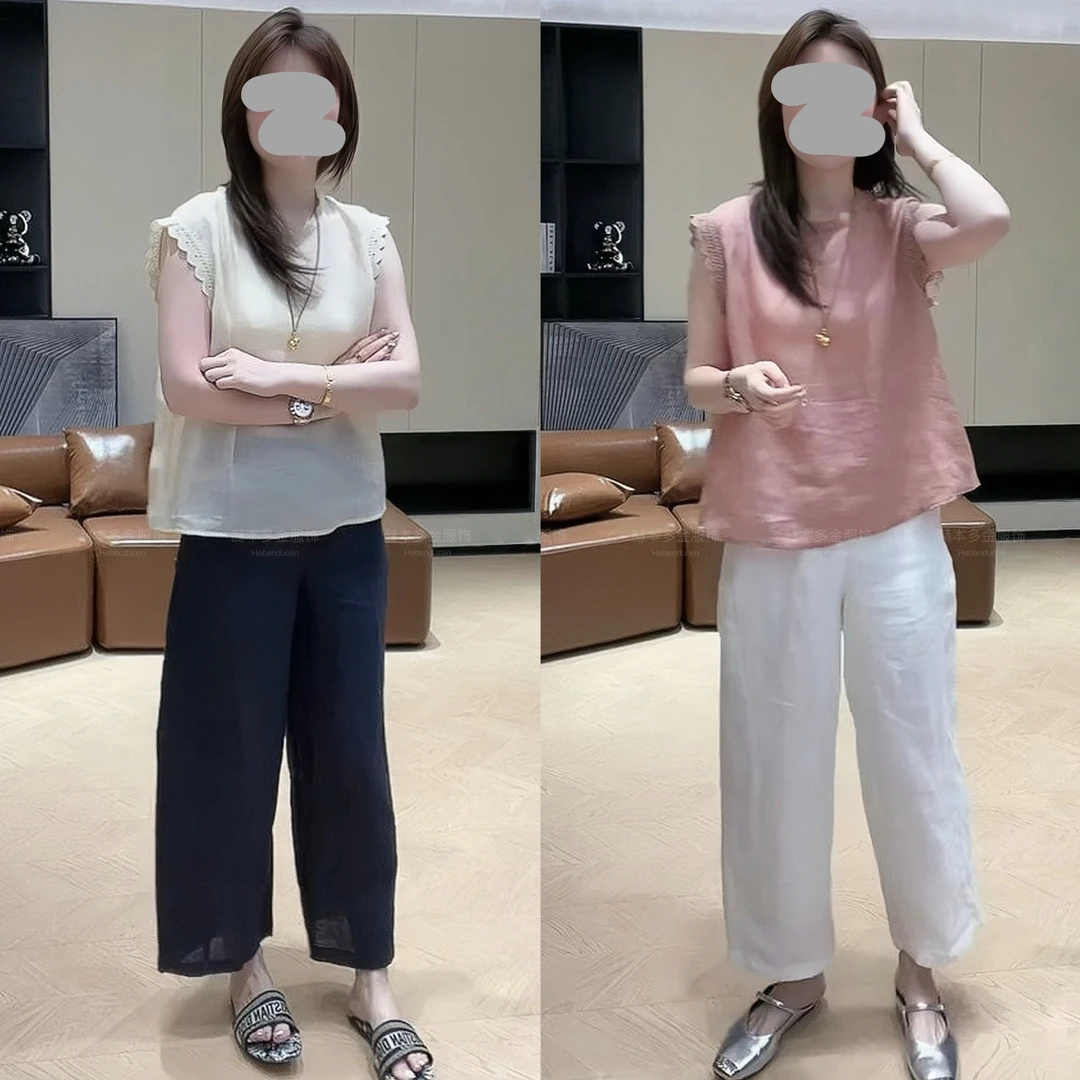 夏季新款老钱风松弛感蕾丝宽松薄款上衣百搭设计感阔腿裤时尚套装