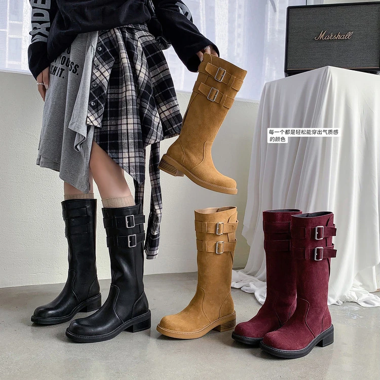 真皮皮带扣低跟中筒靴机车靴真皮2025秋冬新款圆头高筒骑士靴