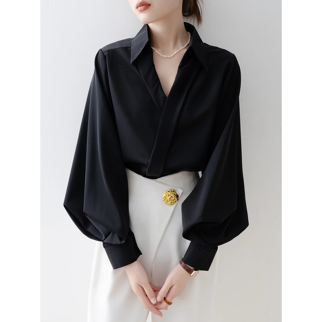 2026新款上衣黑色V领醋酸缎面衬衫法式女士灯笼袖衬衫春秋高级感