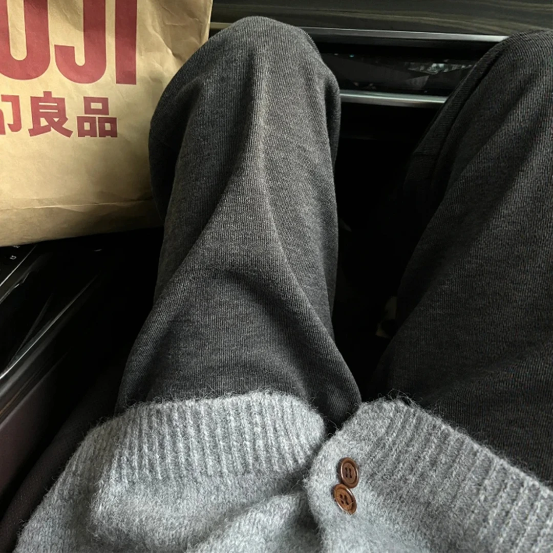 慵懒风垂感深灰色直筒糯米裤女秋冬大码胖mm宽松显瘦阔腿休闲裤子