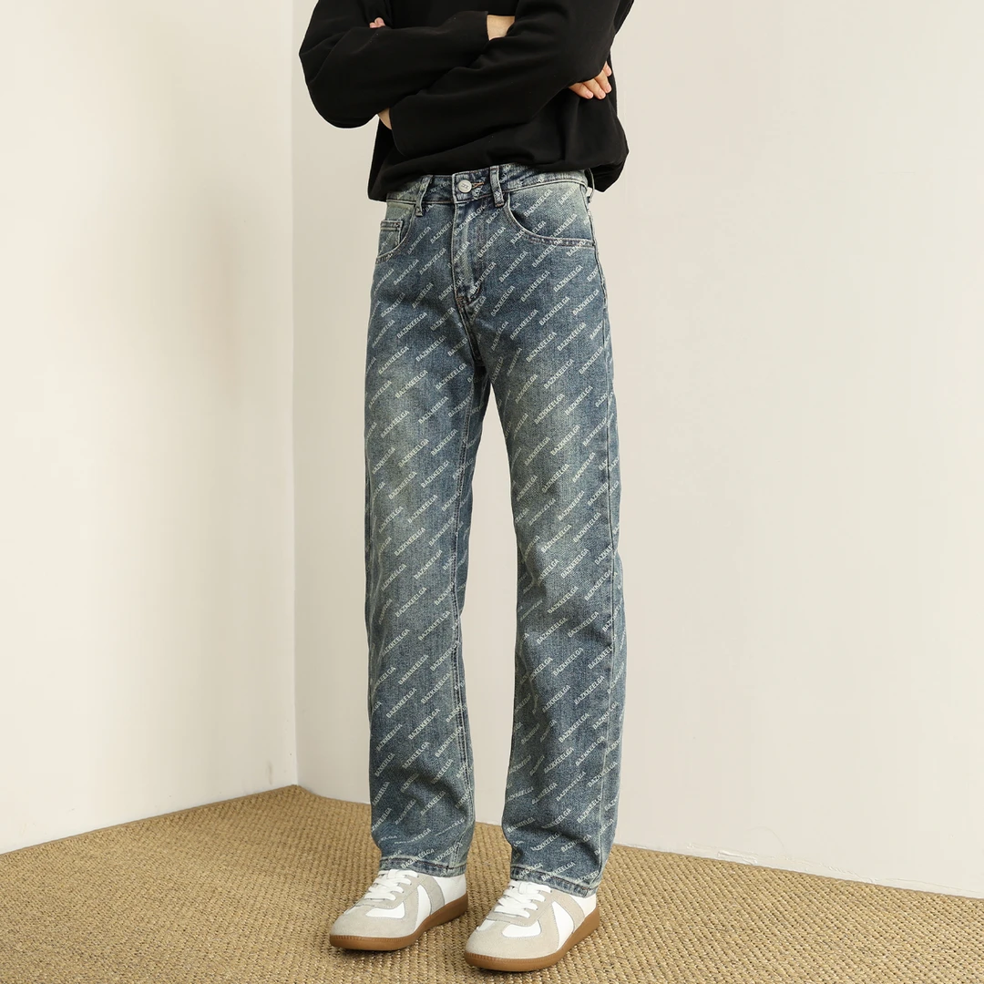 美式修身直筒牛仔裤男士2025秋冬水洗蓝色字母印花窄版弹力长裤男