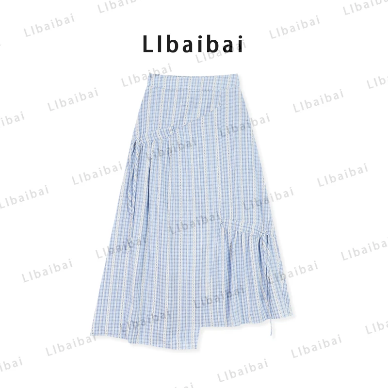 【LIbaibai】夏装2025年新款高腰蓝白格子半身裙BB-2405