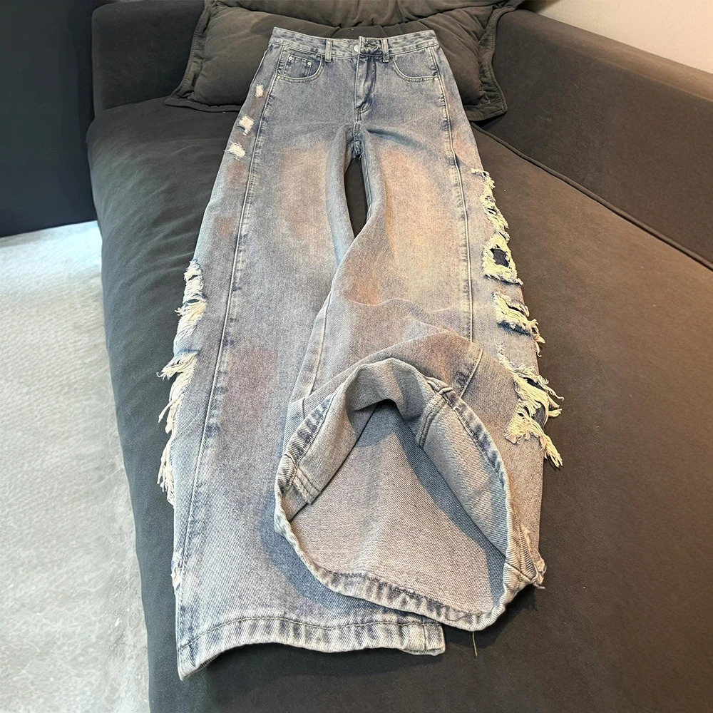 300斤大码女装胖mm美式做旧破洞牛仔裤女新款裤子宽松显瘦阔腿裤