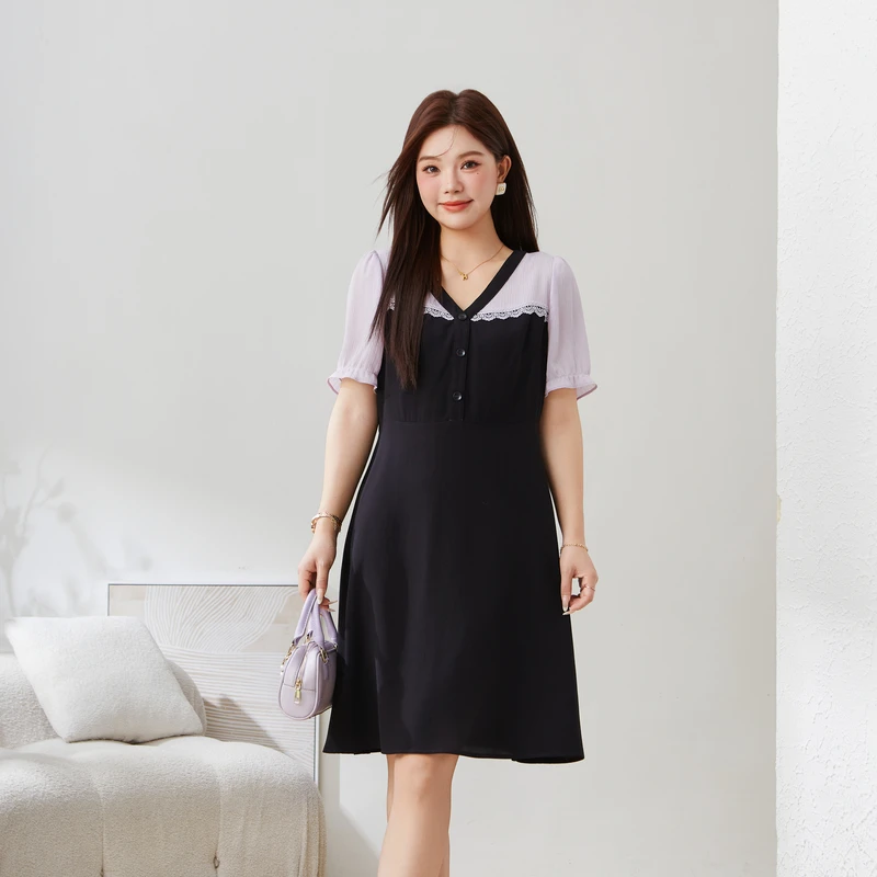 采多宝大码女装高端夏季新款V领收腰撞色雪纺连衣裙 EXQ5327