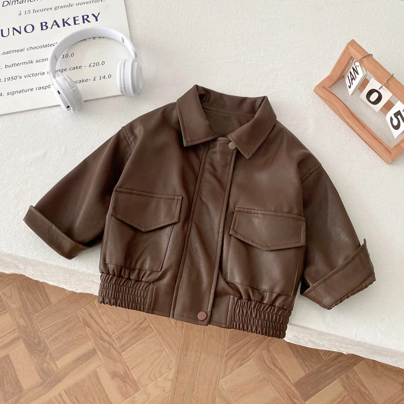 儿童皮衣外套2025秋季新品男女童纯色翻领皮夹克男宝宝韩版机车服