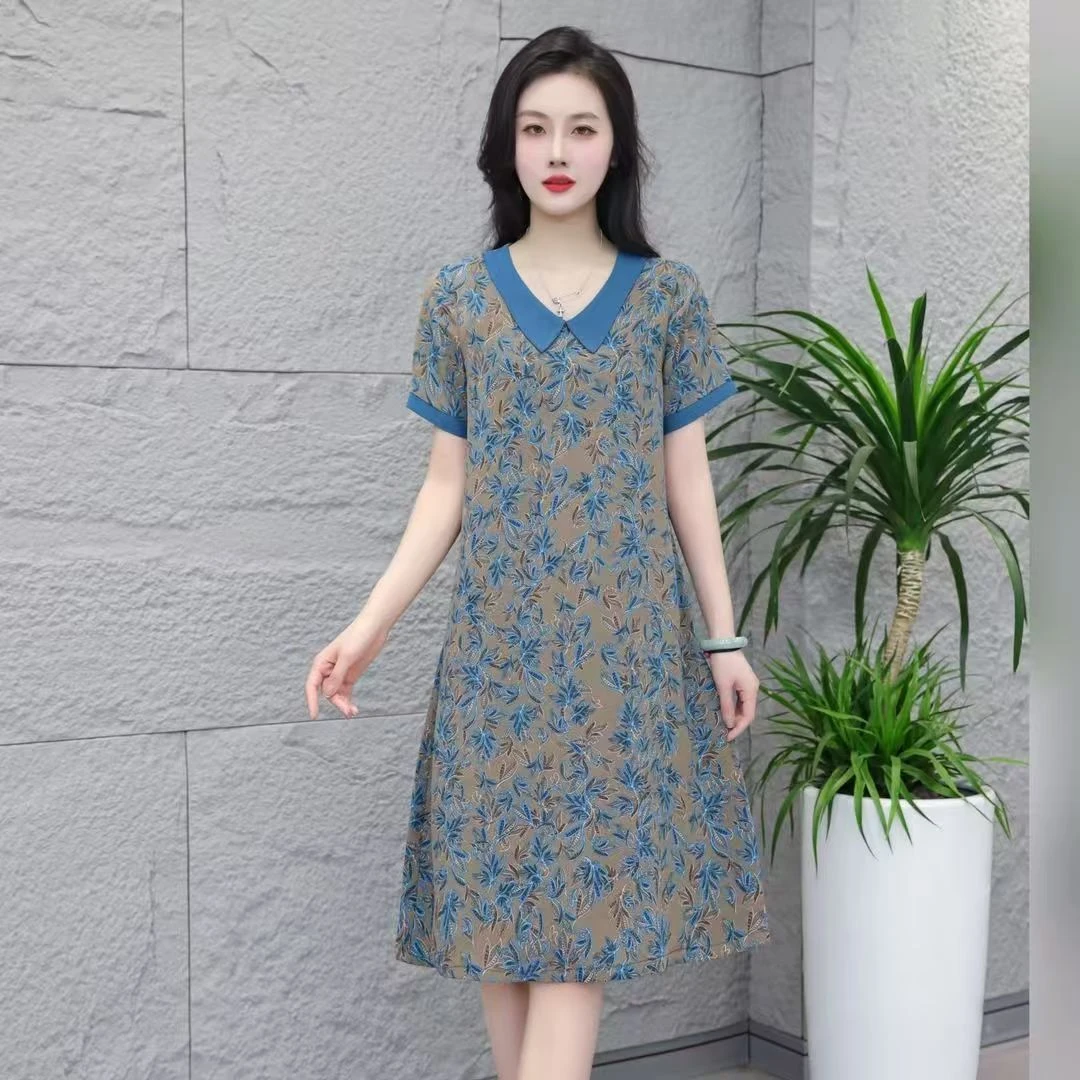 9955-夏季新款时尚宽松遮肉显瘦中长款短袖连衣裙气质裙子【G仓】